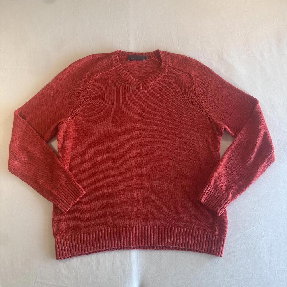 Vince Men's Burnt Orange Long Sleeve V-Neck 100% Linen Knit Sweater Size L